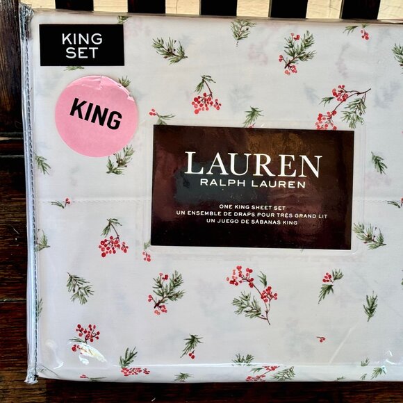 Ralph Lauren KING Size Cotton Sheet Set MISTLETOE Christmas Holiday 100% Cotton - Picture 1 of 6